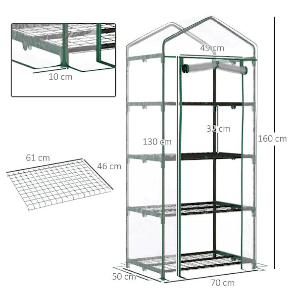 Rootz Drivhus - Bærbart 4-lags Mini Drivhus - Plantedyrkningshusskur med klart låg - Tomathus - Kold ramme - Grøn - 70 x 50 x 160 cm