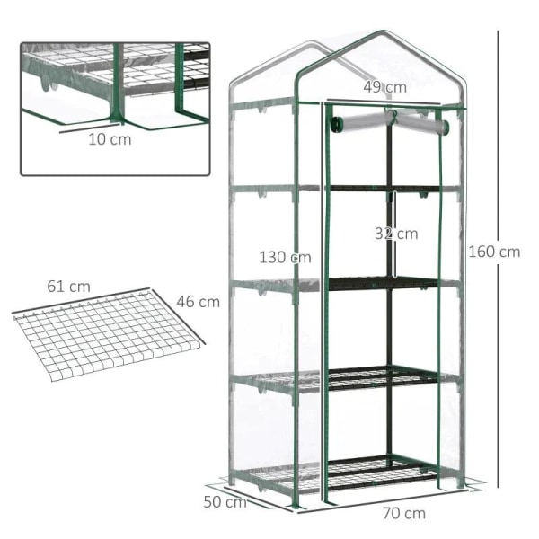 Rootz Greenhouse - Portabelt 4-vånings miniväxthus - Plant Grow House Shed med genomskinligt lock - Tomat House - Kallram - Grön - 70 x 50 x 160 cm