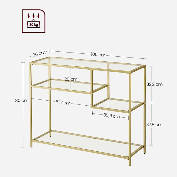 Rootz konsolbord - moderne glas konsolbord - metalramme konsolbord - industriel stil - guld - 35 x 100 x 80 cm (D x B x H)