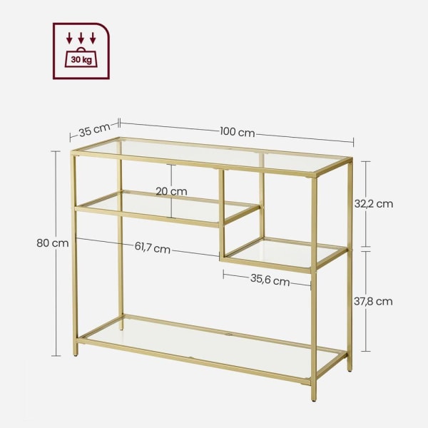 Rootz konsolbord - modernt glaskonsolbord - metallstomme konsolbord - industriell stil - guld - 35 x 100 x 80 cm (D x B x H)