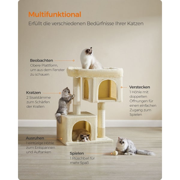 Rootz Cat -raapimistolppa - Beige - Lastulevy Pehmo - Sisalköysi - Suuri 68 cm x 48 cm x 101 cm - Tukeva - 14,3 kg - 3 lelua - Kaatumisenesto - Helppo