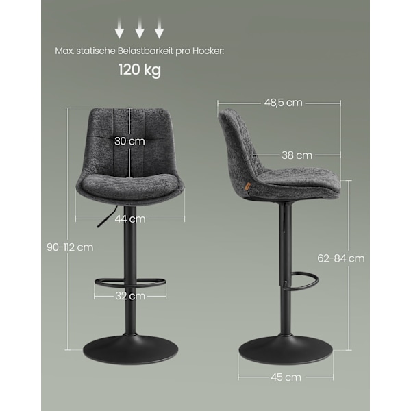 Rootz Bar Stole Set - Højde Justerbar afføring - Skifer Gray High Stole - Komfortabel ryglæn & fodstøtte - 43x48,5x (93,5-114) cm