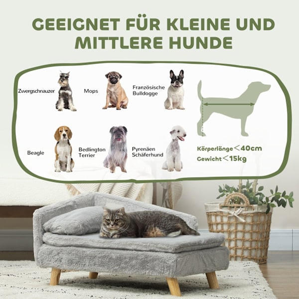 Rootz Dog Sofa - Pet Couch - Caninsäte - Mjuk plyschkomfort - 70 x 42,5 x 38,5 cm grå