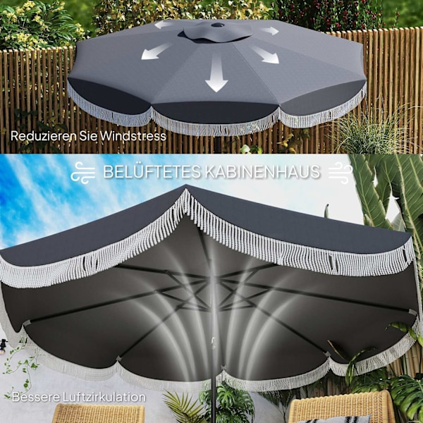 Rootz Ø269CM Parasol - Garden Sunshade - Balkonskærm - UPF 30+ UV -beskyttelse - Ø2.69m x 2,38m - Grå
