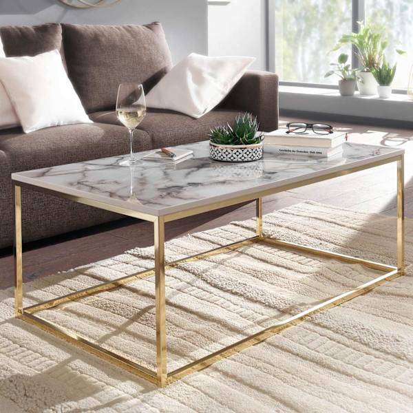 Rootz soffbord 100x60x40 cm med marmorlook vit - guld - Vardagsbord med metallstomme - Soffbord fyrkantigt bord vardagsrum - sidobord