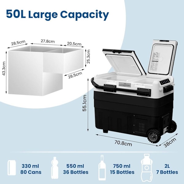 Rootz 2 Zone Compressor Cool Box - Sähköautojääkaappi - Kannettava Camping Pakastin - Akun suojaus - 30L/40L/50L - 12V/24V - APP-ohjattu - 20°C Jäähdy