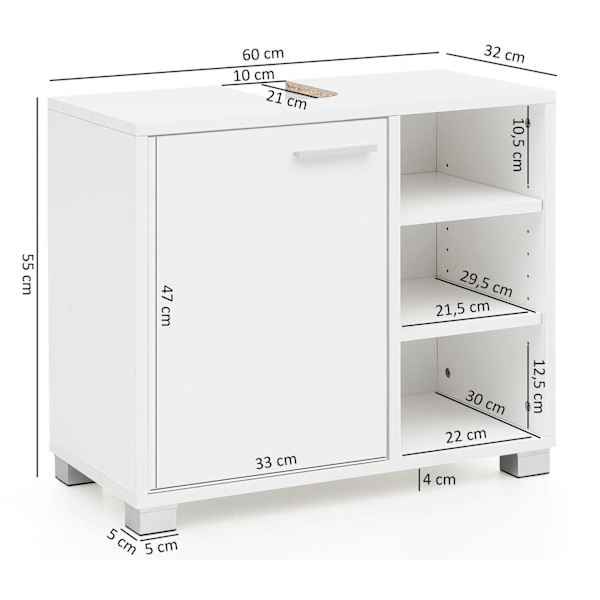 Rootz tvättställsskåp 60x55x32cm vit badrumsskåp med dörr - Underskåp i trä handfat badrum - Underdel med fack - Badrumsskåp badrumsmöbel med hylla