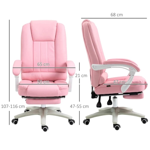 Rootz kontorstol med fodstøtte - Justerbart ryglæn - Højdejusterbart - 5 hjul - Kunstlæder - Pink + Hvid - 65cm x 68cm x 116cm