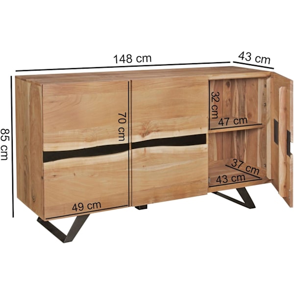 Rootz skænk 148 x 85 x 43 cm massiv træ akacie skænk i naturtrækant - Highboard i landlig stil med 3 døre - Kommode i entre