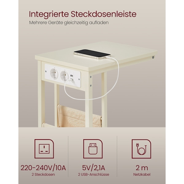 Rootz Cremehvidt Sidebord - Natbord - Natbord - Spånplader og stål - 30 cm x 40 cm x 62 cm - Kabelstyring - Letvægts 4,1 kg