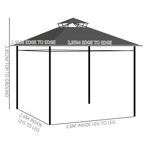 Rootz Garden Gazebo - Paviljong Partytält - Tvåvåningstak - Luftcirkulation - Metall-polyester - Svart+mörkgrå - 2,95L x 2,95W x 2,85H m