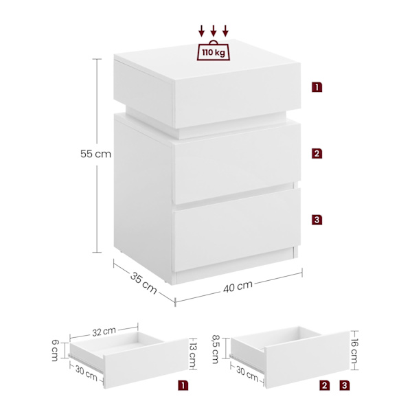 Rootz spånplade sidebord - Hvidt endebord - Sengebord - Natbord med 3 skuffer - 33,5 cm x 40 cm x 55 cm - Letvægts - Robust - Nem montering
