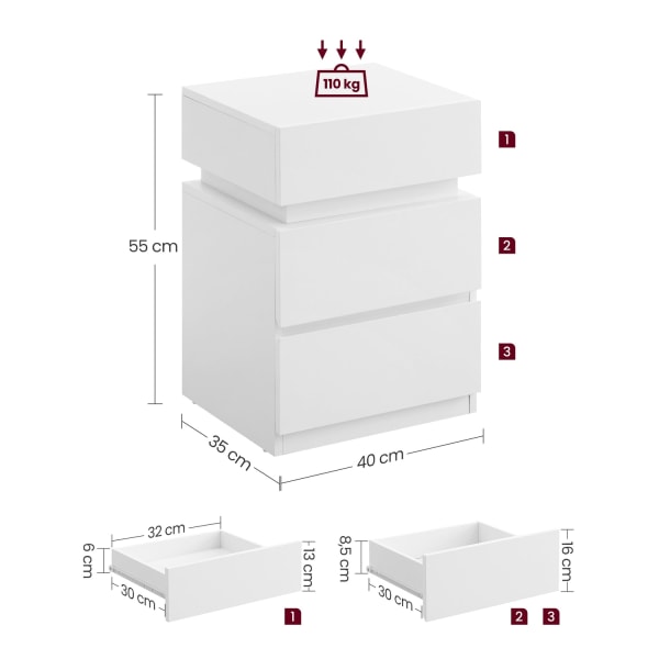 Rootz spånskiva sidobord - Vitt gavelbord - Sängbord - Nattduksbord med 3 lådor - 33,5 cm x 40 cm x 55 cm - Lätt - Robust - Enkel montering