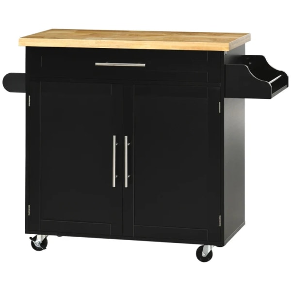 Rootz Køkkenvogn - Køkkenø - Serveringsvogn - 1 krydderihylde - 1 håndklædeholder - Gummitræ - Sort - 109L x 40W x 89H cm