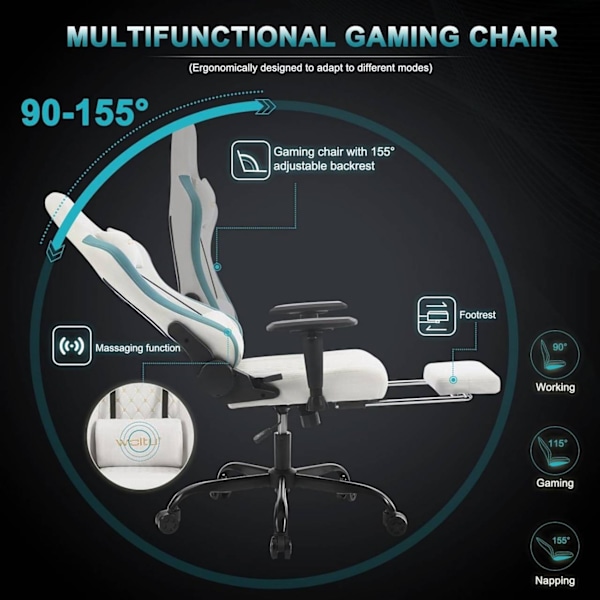 Rootz Ergonomic Massage Gaming Stol - Kontorstol - Drejestol - Høj ryg - Åndbart stof - Lændestøtte - 50 cm x 48 cm x 75,5 cm