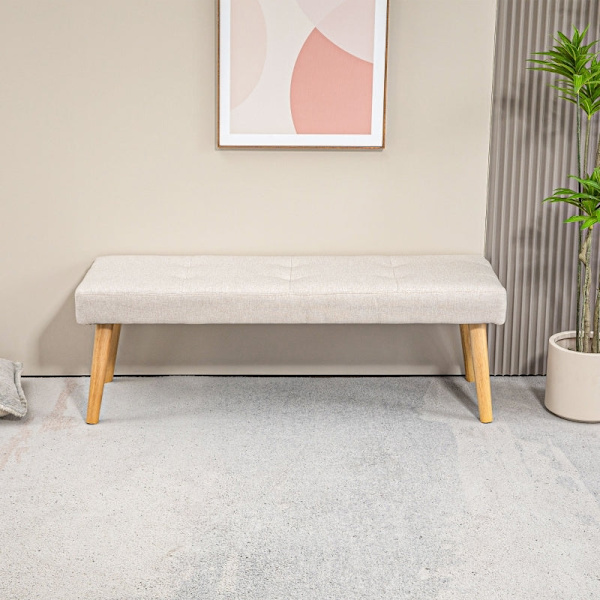 Rootz polstret bænk - Soveværelsesbænk - Vinduessæde - Tyk polstring - Imiteret linned - Ben i naturtræ - 120 cm x 41 cm x 43 cm