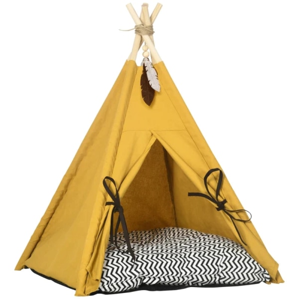 Rootz Pet Bed - Sjovt tipi-design - med blød liggestolspude - Gulvmåtte - til hunde og katte - Gul - 60 x 60 x 76 cm