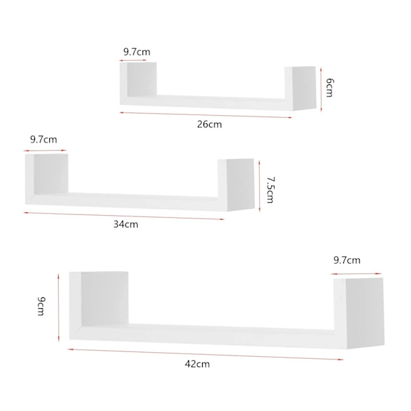 Rootz væghylder - U-formet display - Hængende reol - Dekorativ opbevaring - Vægtavlesæt - Flydende afsatser - Hvid - 26x9,7x6cm, 34x9,7x7,5cm, 42x9,7x