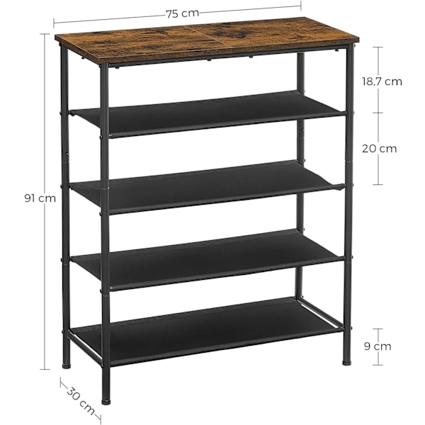 Rootz Skostativ - Skostativ - Skohylde - med 4 hylder - Stående - Industriel - Brun og Sort - 75 x 30 x 91 cm
