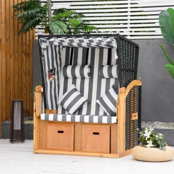 Rootz Beach Chair - Dobbelt liggestol med tag - Dobbelt liggestol med kopholdere - Chaiselong - 5-niveaus ryglæn - PE Rattan - Grå + Hvid - 118 x 79 x