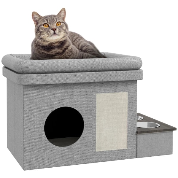 Rootz Cat House - Foderplads - 2 skåle i rustfrit stål - Ridsemåtte - Blød liggestolspude - Grå - 78 x 48 x 49,5 cm