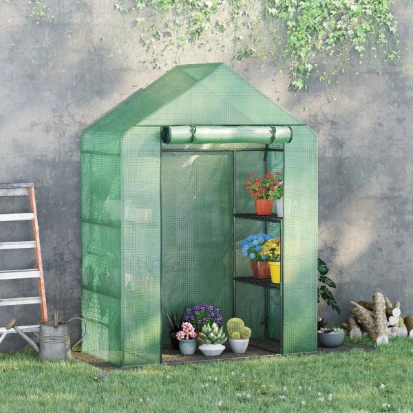 Rootz Folie Växthus - Växthus med 6 hyllor - Walk-in Trädgårdsbod Växthus - Tomathus - Planthus Med Roll-up Entré - Kallram - Grön - 141 x 72 x 191 cm