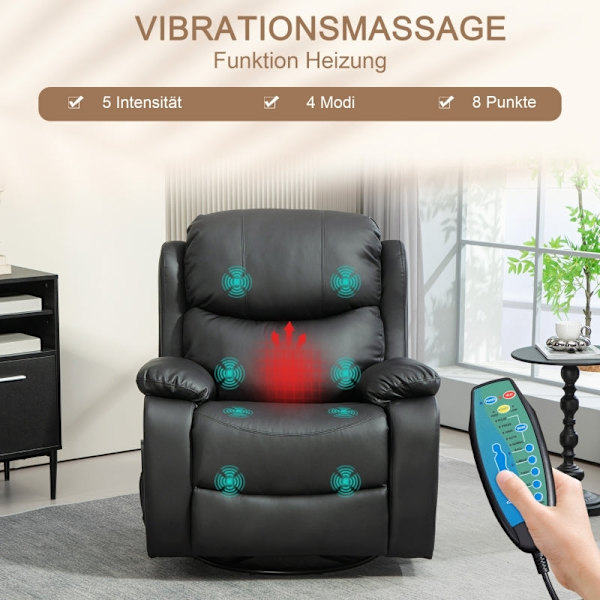 Rootz TV-lænestol med massagefunktion - Opvarmet biografstol - 360° rotation - Rocker Recliner - 8 massagepunkter - Tyk polstring - Fjernbetjening - 9
