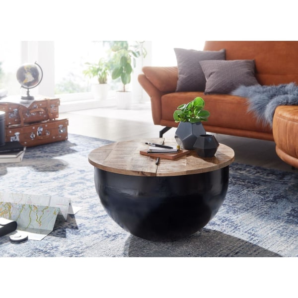 Rootz Sofabord - Opbevaringsplads - Sofabord - Sidebord - Rundt - Sort - Brun - Mangotræ - Metal - 60 x 60 x 34 cm
