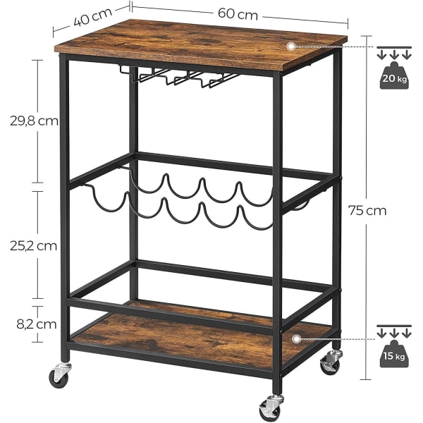 Rootz Køkkenvogn - Serveringsvogn - Barvogn - På hjul - Flaskestativ - Glasholdere - Brun - Sort - Forarbejdet træ - Metal - 60 x 40 x 75 cm