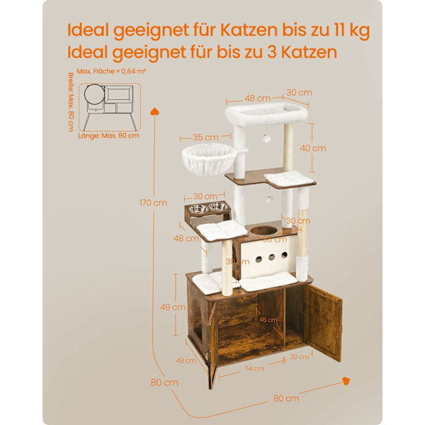 Rootz Scratching Tree med kullskåp - Cat Tower - Pet Playground - Space Saving Design - 80cm x 49 cm x 170 cm, vitt och brunt