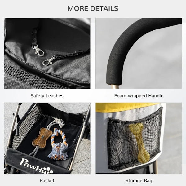Rootz 2-in-1 Dog Buggy - Taitettava koiravaunu - 1 kori - 1 laukku - Koiran rattaat - Yleispyörän jarru - Katos - Keltainen - 82 cm x 49,5 cm x 98 cm