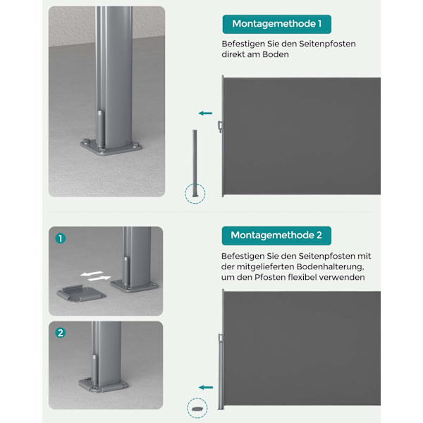 Rootz Sidemarkise - Privatskærm - Udendørs rullegardin - Aluminiumslegering - 200 cm x 300 cm - Nem montering - Antracit - 9 kg