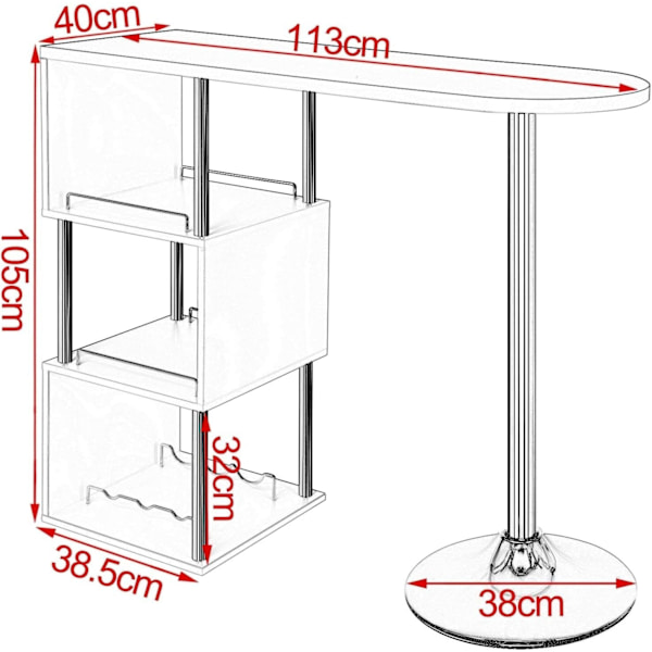 Rootz Modern S-formet barbord - Opbevaringsbarbord - Vinstativbord - Pladsbesparende - Holdbar - Nem vedligeholdelse - 113cm x 105cm x 40cm