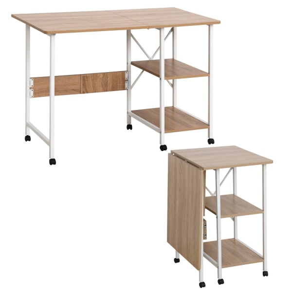 Rootz Folding desk - Folding table - Office table - Desk - Wheels - Shelves - Anti-Slip - Natural - White