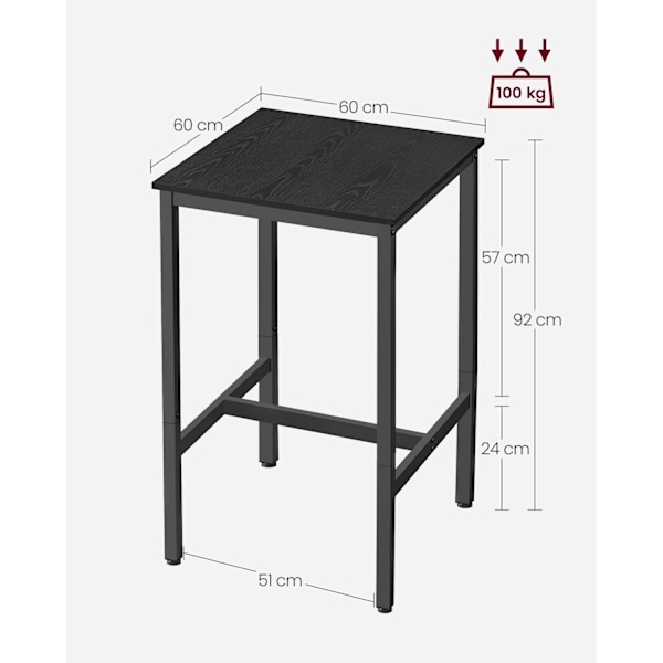Rootz Ebony Black-Black baaripöytä - Korkea pöytä - Korkea pöytä - Lastulevy ja teräs - Kevyt - Tukeva - Helppo koota - 60cm x 60cm x 92cm