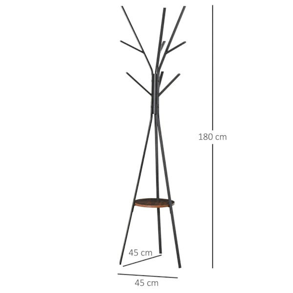 Rootz klädhängare - Scandi Design - Klädställ - MDF-trä - Väskor Halsdukar - 7 klädkrokar - Metallram - Svart + Brun - 45L x 45W x 180H cm