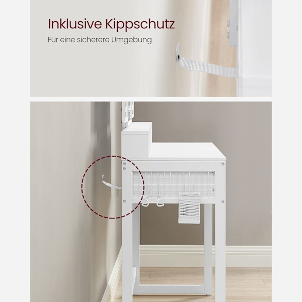 Rootz Sminkbordsset - Sminkbord - Sminkbordspall - Spånskiva stålkonstruktion - Vit - 40cm x 90cm x 141cm