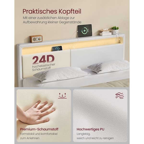 Rootz Bed Frame - Platform Bed - LED -valaistus - Latausasema - tukee 455 kg - 213 cm x 167cm x 90cm - pilvivalkoinen