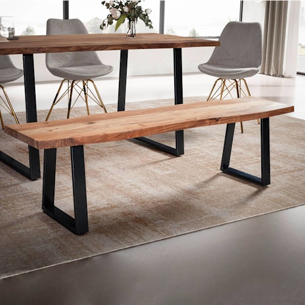 Rootz Spisebord i massivt akacietræ - Moderne Design - Live Edge Sæde - Trapezformede metalben - Håndlavet - 120 cm x 40 cm x 45,5 cm