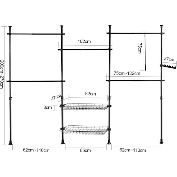 Rootz Justerbar Garderobe Organizer - Tøjhylde System Hængestang - Teleskopisk opbevaringsreol