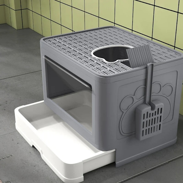 Rootz Cat kattebakke - Dæksel - Skovl - 2 udgange - Kat op til 4 kg - Udtræksskuffe - Plastik - Grå - Hvid - 48,5 X 38 X 36,5 Cm