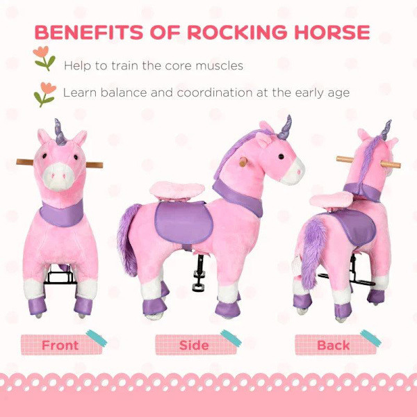 Rootz Kids Gyngehest - Gyngehest - Ride-on Unicorn til børn - Med to hjul - Stål/Poppeltræ/PU - Pink - 70 cm x 32 cm x 87 cm