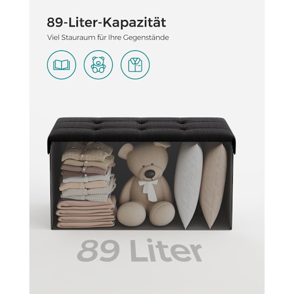 Rootz 1 -säilytys ottomaani - Istuinarkku - Suuri jakkara - MDF ja vaahtomuovi - Pellavajäljitelmä - 38 cm x 76 cm x 38 cm - Musta - 5,6 kg - 300 kg K