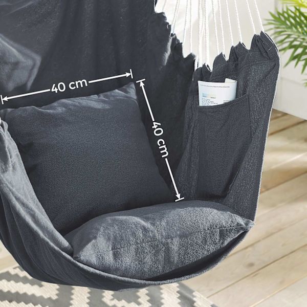 Rootz Hængestolsgynge - Hængekøjestol - Mørkegrå - Polyester bomuldsstof - Træstang - 148 cm x 125 cm - 2 puder - Metalkæde - Karabinhage - 150 kg Kap