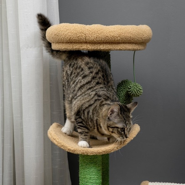 Rootz Cactus Design Cat Tree - Skrapstolpe - Klätterkattträd - Sisallindade stolpar - Spånskiva Bas - Teddy Velour - 40cm x 35cm x 72cm