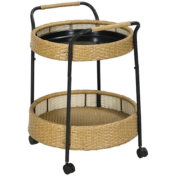Rootz udendørs serveringsvogn - 2 niveaus bremser - polyrattan - metalramme - stål-PE rattan - gul-sort - Φ50 x 66H cm