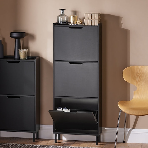Rootz Shoe Tipper Cabinet - Skoorganisator - Skoförvaring - Utrymmesbesparande design - Mångsidig förvaring - Förbättrad stabilitet - Svart MDF och me