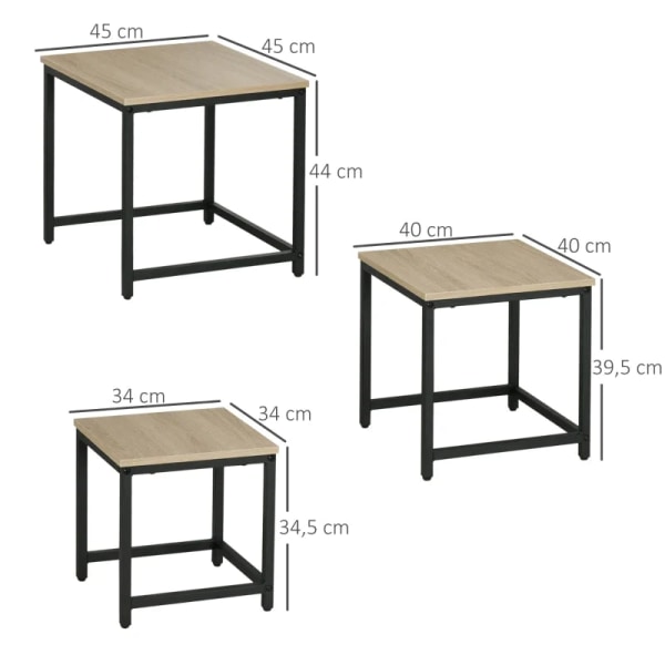 Rootz Nesting Bord - Set med 3 sidobord - Industriell design - Svart stålstomme - Bordsskiva i trälook - Spånskiva - Naturligt trä - 45L x 45W x 44H c