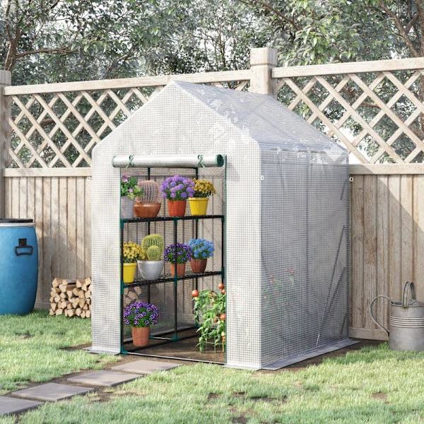 Rootz Folieväxthus - Walk In Greenhouse med 4 hyllor - Tomatväxthus - Kallram med dragkedjedörrar - Stål - PE Plast - Vit - 143 x 143 x 195 cm
