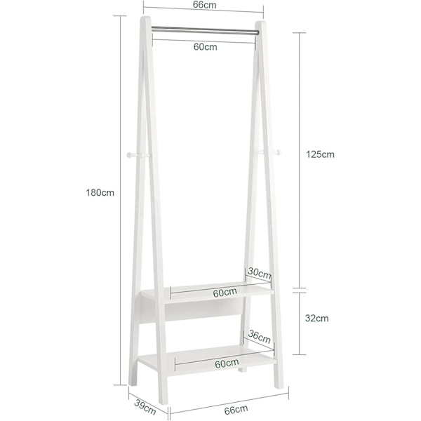 Rootz White Modern Tøjstativstativ med to opbevaringshylder - Træktøjstativ hængestang - B66 x D39 x H180cm